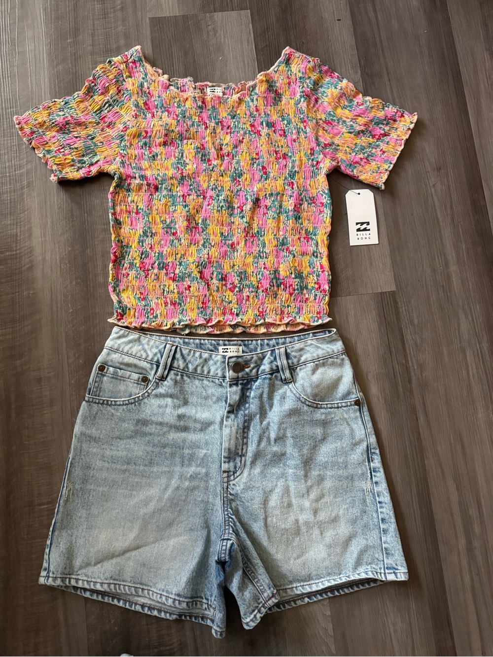 Billabong Women’s Floral Top - Pink Yellow Blue & Blue Denim High Rise Short